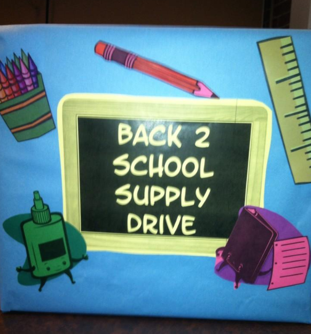 Back to School Supply Drive box where students could leave donations.