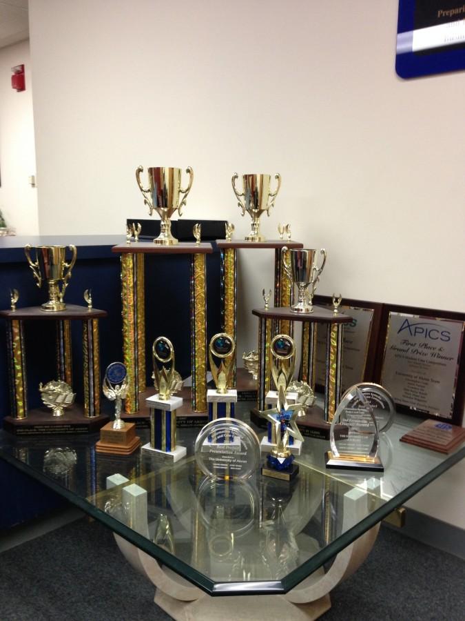The College of Business Administration proudly displays trophies won by its various organizations. 