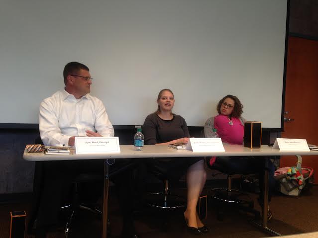 (From left) Alumni Scott Read, Jessica Forrest, and Kayla Hall speak at Tuesday's History Department panel discussion
