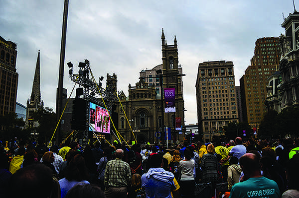 Thousands of people gathered near Love Park to watch the Pope give mass in five different languages on a giant television screen. The mass lasted from 4 p.m. to 7 p.m. on Sunday. 