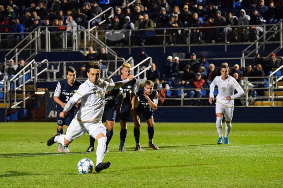Adam Najem scores a goal during a penalty kick in 2nd half against Penn St. 