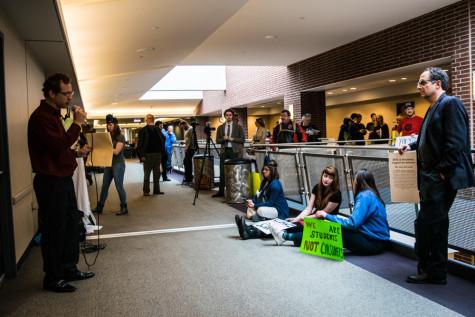 Protesters in the hallway on the third floor of the Student Union during the previous protest held on October 14th. 