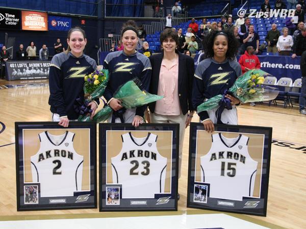 Pictured L to R: Seniors Megan Barilla, Anita Brown and DiAndra Gibson celebrated their last regular season game with a win against the Falcons.