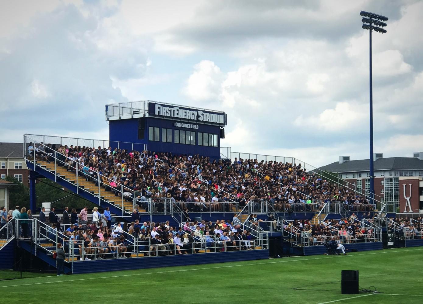 Students pack FirstEnergy Stadium - Cub Cadet Field to hear a speech from UA President Matthew J. Wilson during New Student Convocation.