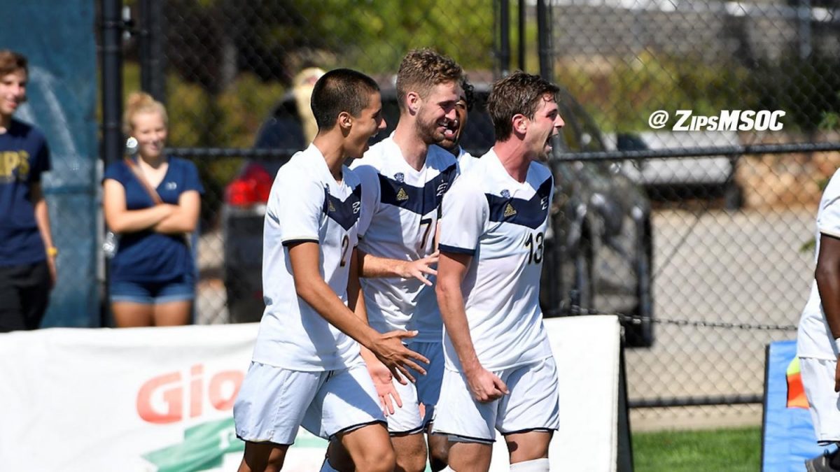 Zips forward, Sam Gainford and company celebrate his goal against UMass Lowell (Photo courtesy of the Zips Men’s Soccer)