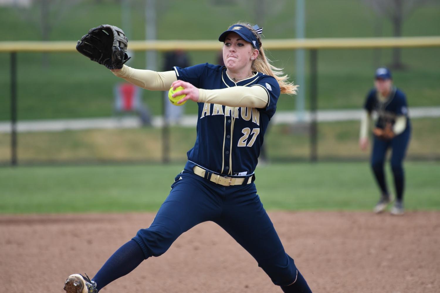 Featured above sophomore, Lexie Handley throwing first pitch in Zips last game of the NCAA season.