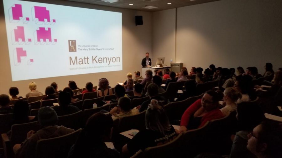 Artist Matt Kenyon presents a lecture in Folk Hall at The University of Akron,.