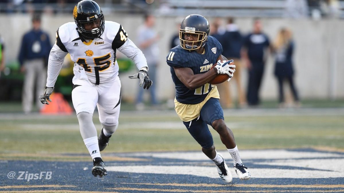 Zips wide receiver A.J. Coney looks for the  end zone.
(Photo courtesy of Zips Football)
