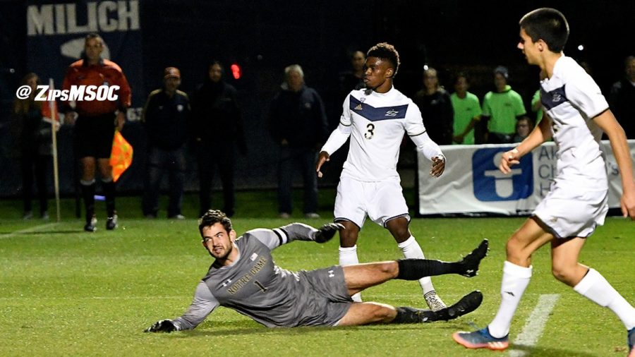 Akrons Nick Hinds helps the Zips by grabbing the second goal of the night. (Photo Courtesy of The University of Akron Athletics)
