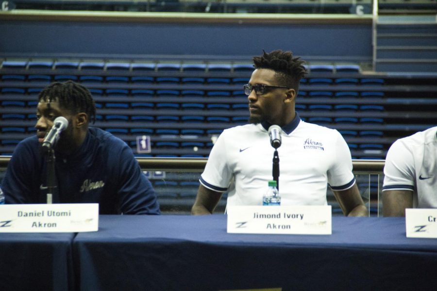 Jimond Ivey and Daniel Utomi answer questions during Media Day at James A. Rhodes Arena.
