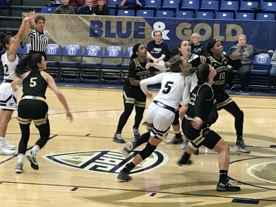 No. 5, Haliegh Reinoehl and No. 24, Caitlin Vari box out for a potential rebound on a free throw from No. 32, Destiny Perkins.