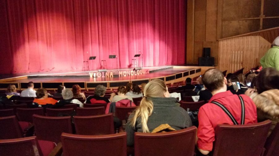 The audience waits in E.J. Thomas Hall for the start of The Vagina Monologues.