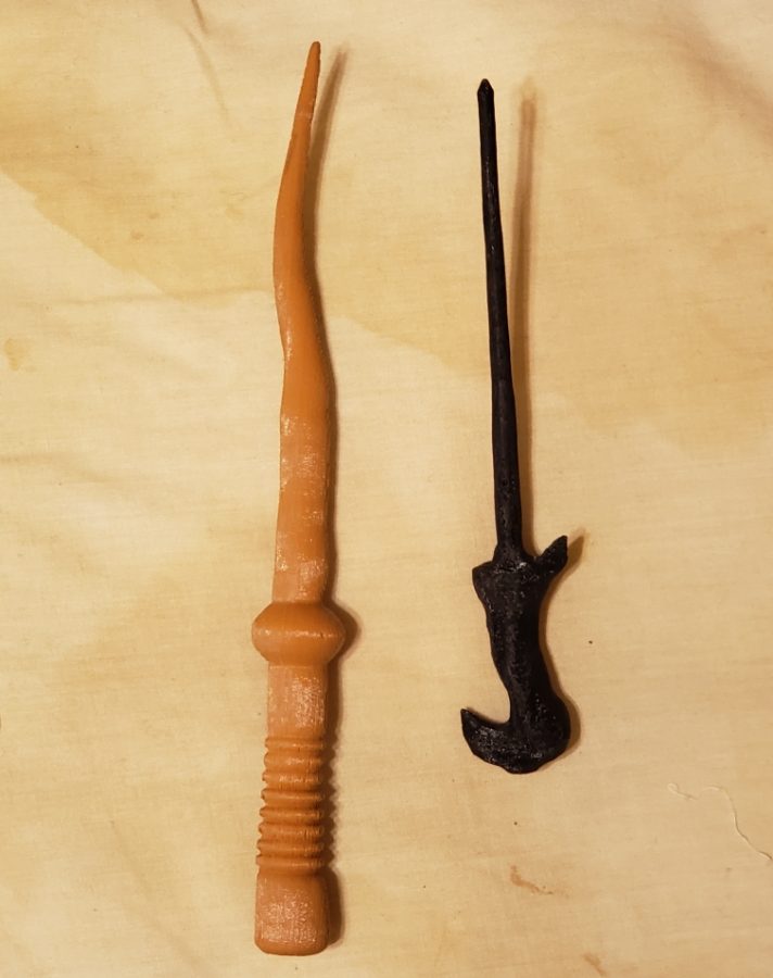Made by the MakerStudio 3D printers, the left wand is designed based off a Pottermore wand and the right wand is designed based on the one that belongs to Harry Potter character, Voldemort.