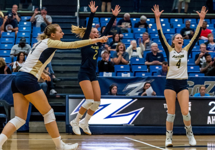 The Akron Women’s Volleyball team celebrates after playing against Ball State, winning three to two.