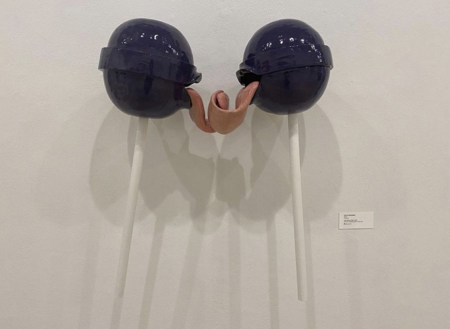 First place: Kayla Weinman ‘How Many Licks?’, 2020. Ceramic, underglaze, glaze, wood, paint. 