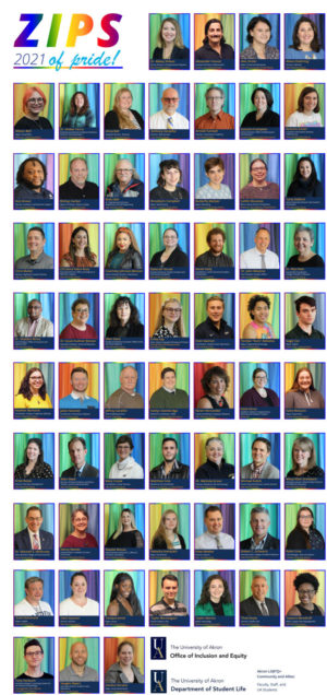 Faculty and professional staff join the Zips of Pride poster 2021 by the Office of Equity and Inclusion and the Department of Student Life.