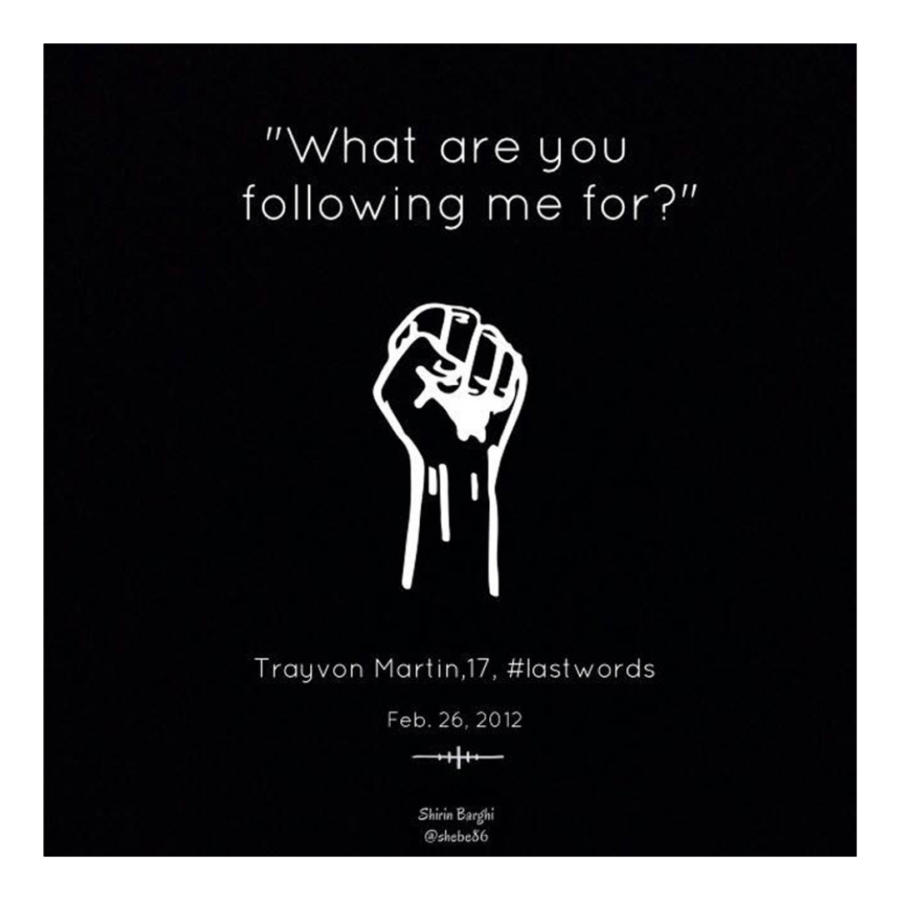 A black and white graphic featuring the last words spoken by Trayvon Martin.