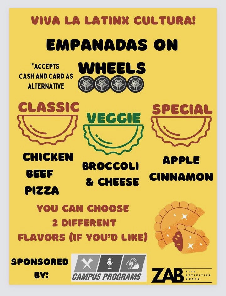 A flyer describing Empanadas on Wheels offerings.