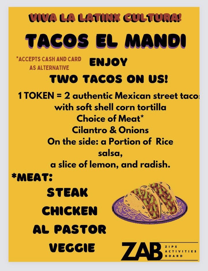 Flyer featuring the food choices from the Tacos El Mandi food truck.