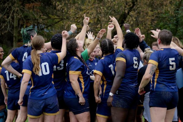 The Akron Womens Rugby Team cheering during halftime. Photo courtesy of Abbie Stopka.