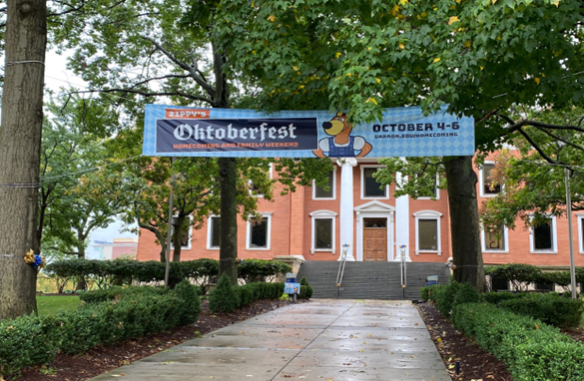 Banner for Homecoming Festivities in front of Buchtel Hall 