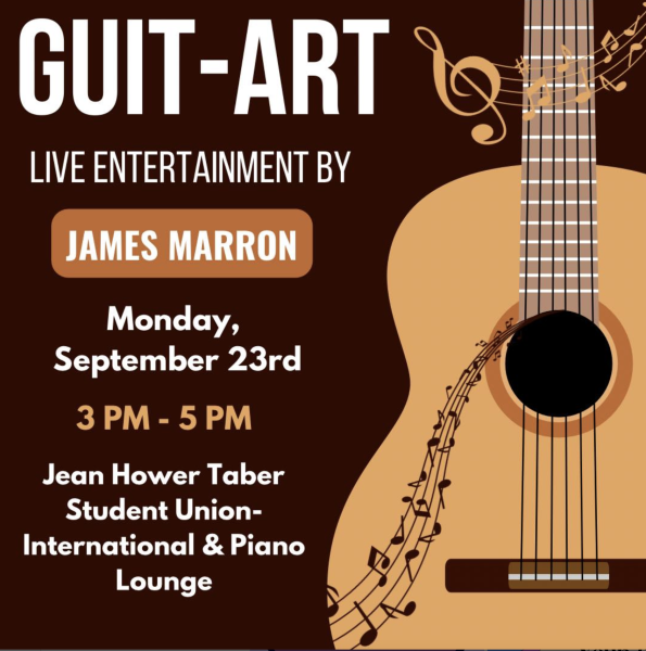 A poster created by Zips Activities Board to advertiser their guitar event on Monday, September 23 from 3 to 5 p.m. in the Jean Hower Taber Student Union Piano Lounge.